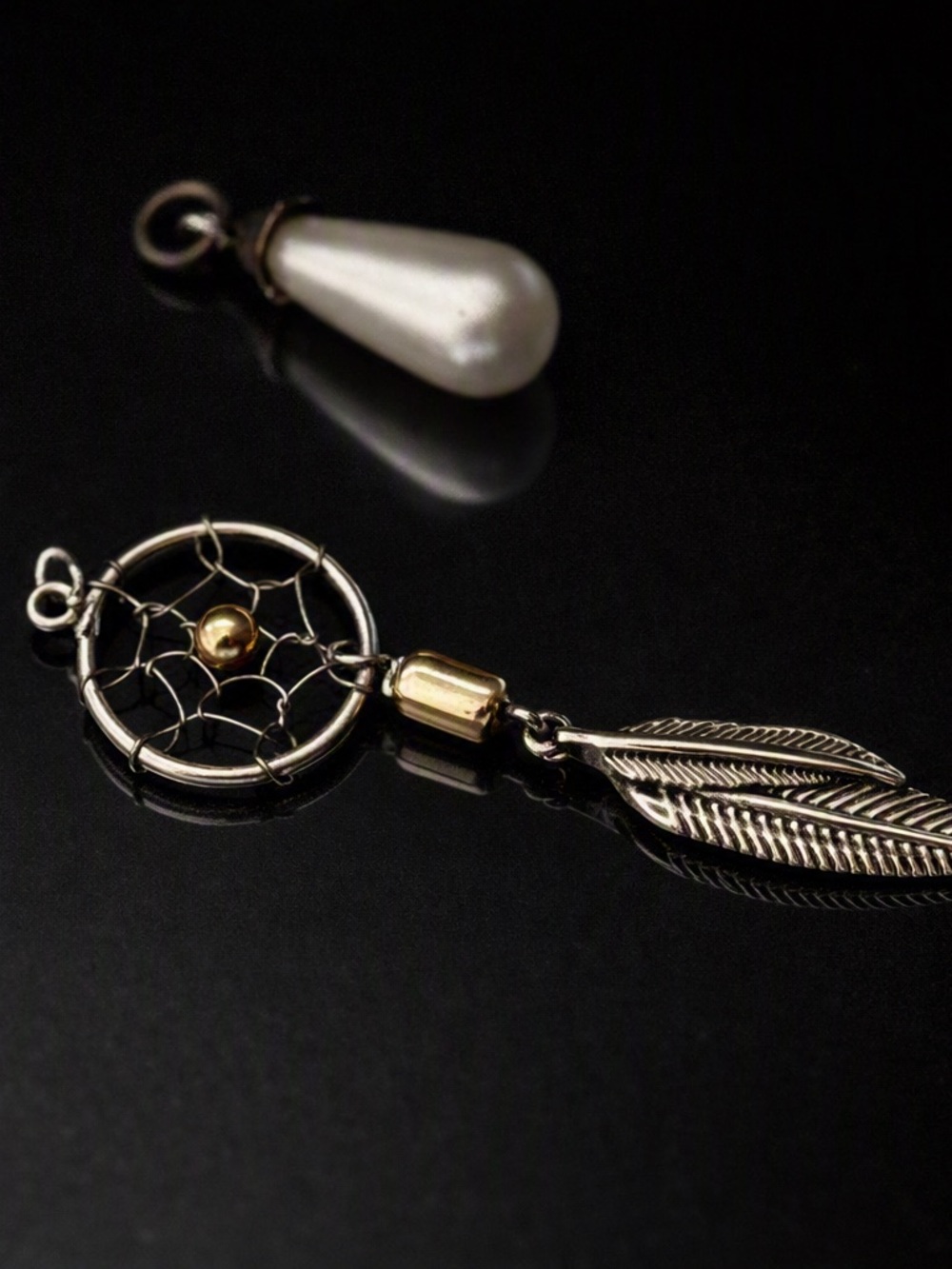 5/$25 Bundle of 2 Pendants - Vintage Teardrop Pearl + Dreamcatcher